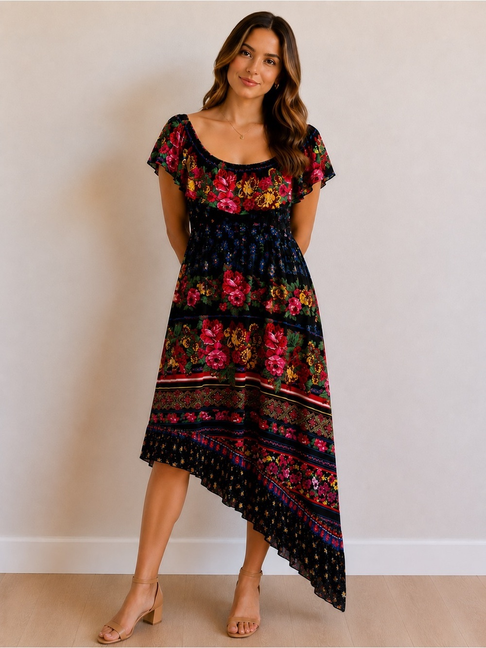 ASOS Black Floral Vibrant Romanian Asymmetrical Hem Off Shoulder Midi Dress 16